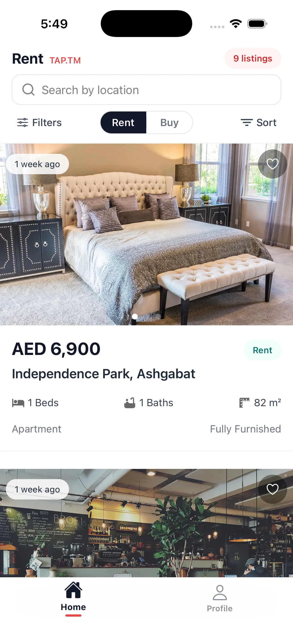 Tap.tm home feed with property cards and filters