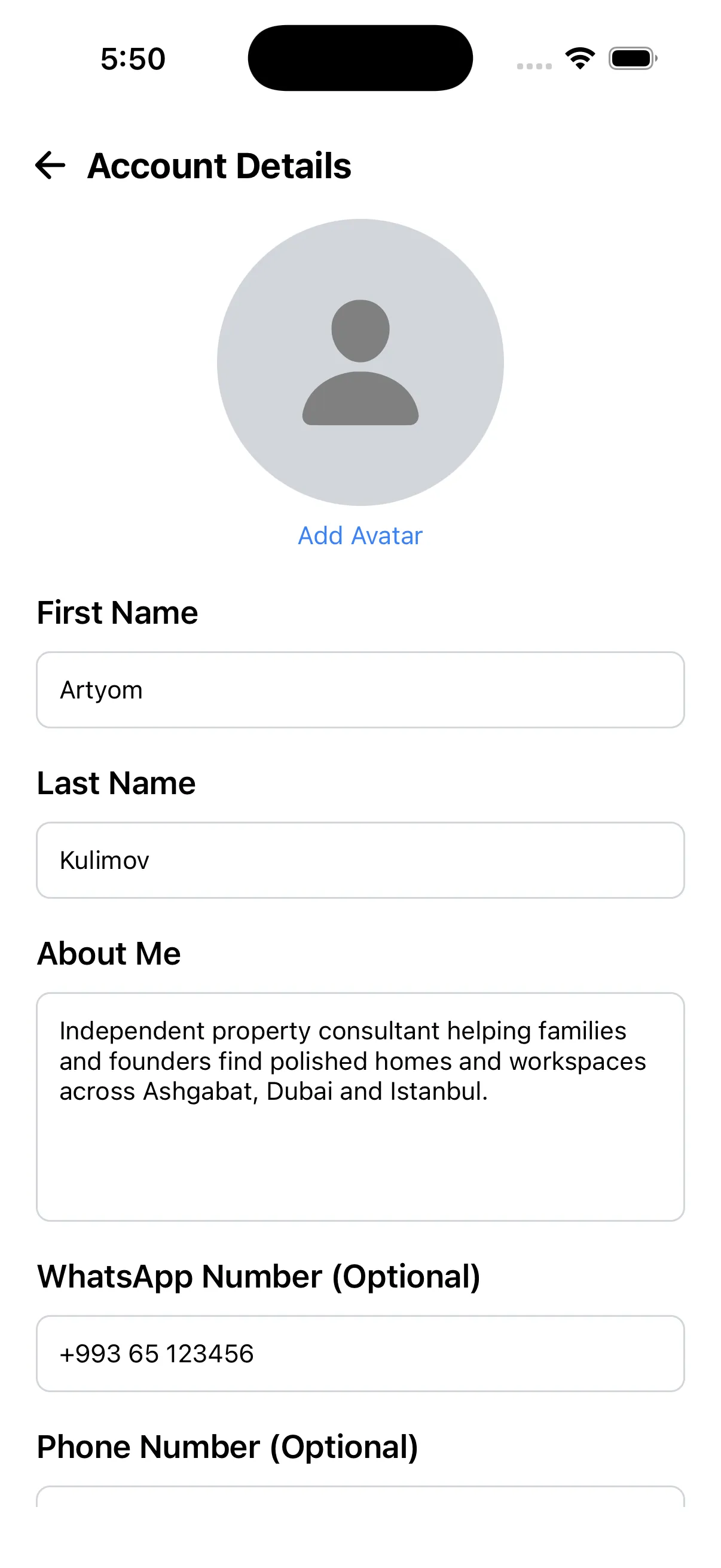 Tap.tm account screen with profile information